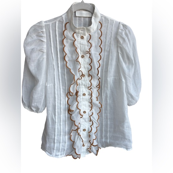 Zimmermann Tops - Zimmermann White Blouse Ruffle and Brown Embroidered Trim, Size 0 XS